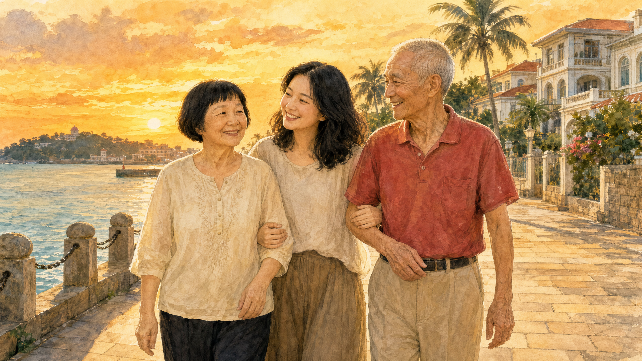 爸妈姐姐海边漫步